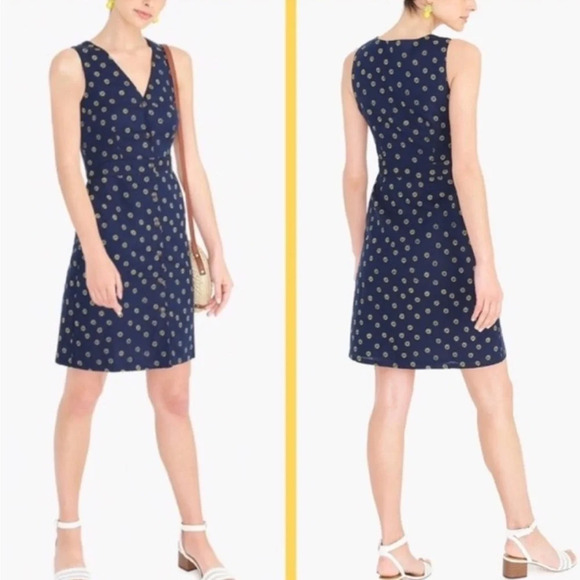 J Crew Factory size 14 Navy Blue Linen Blend Button Up Dress V Neck Sunflower - Picture 1 of 7